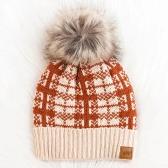 Pumpkin Rust Plaid Knit Faux Fur Pompom Lined Women's Knit Winter Beanie Hat - Picture 1 of 3